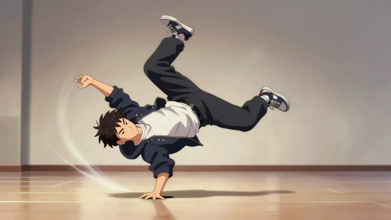 Visual representation of "breakdance" - To perform movements characteristic of breakdancing, often involving spins and athletic maneuvers.