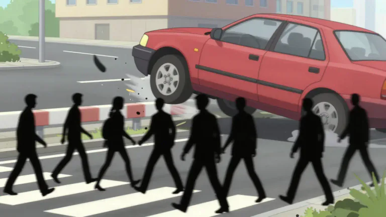 Visual representation of "mow down" - To knock someone down or knock something over by hitting it, often with a vehicle or other large object.