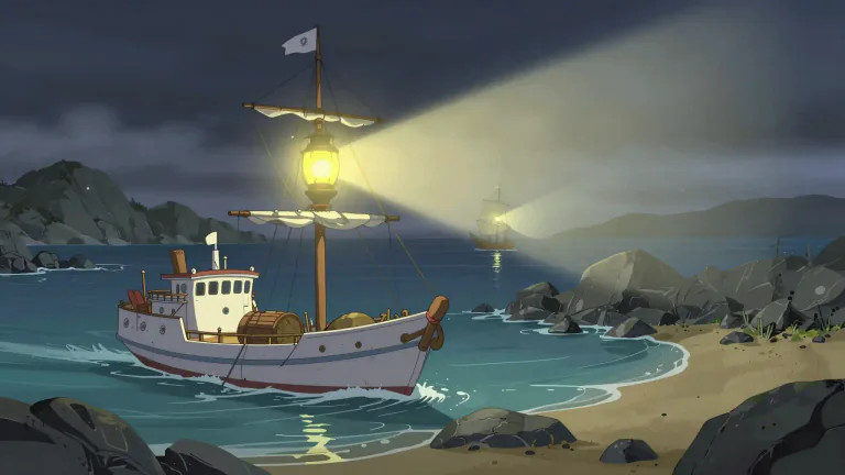 Visual representation of "lightship" - A ship that has a powerful light and is anchored in an area of the sea where there is danger, to guide ships safely.