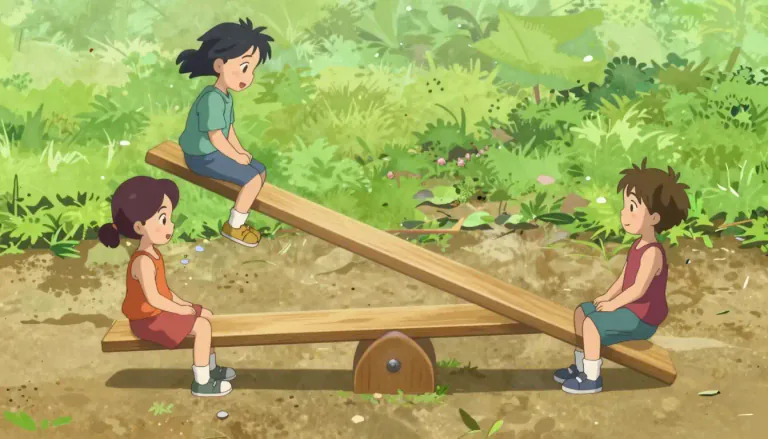Visual representation of "seesaw" - A play equipment with a long board that children can ride on. One end goes up and down while the other end does the opposite.