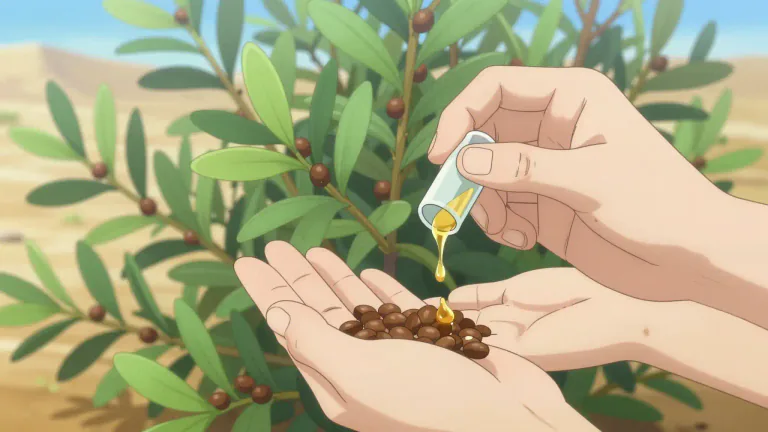 Visual representation of "jojoba" - Jojoba is a shrub from which a liquid wax is extracted, often used in cosmetics and skin care.