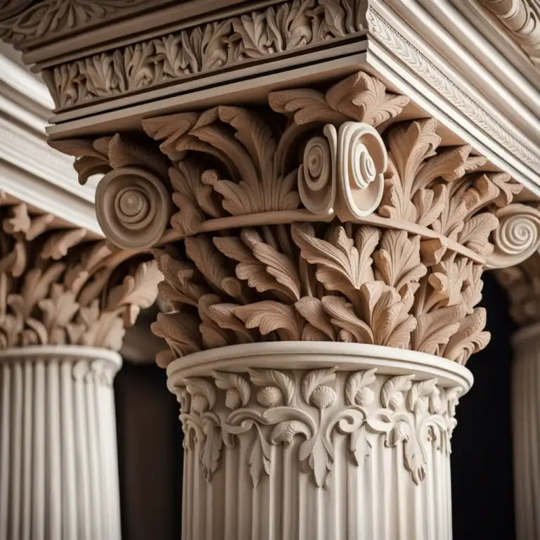 Visual representation of "corinthian" - Capital of a fluted column, usually with acanthus leaf carvings, from ancient Greek architecture.