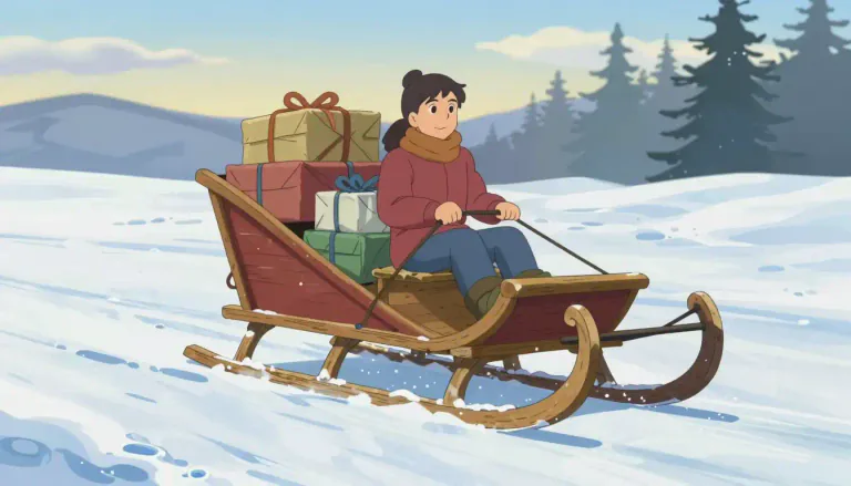Visual representation of "sleigh" - A vehicle which moves by sliding, often used for carrying goods or people, mainly on snow or ice
