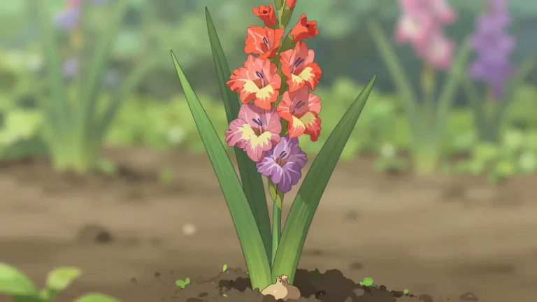 Visual representation of "gladiolus" - A plant with bright colored flowers that grow from a bulb