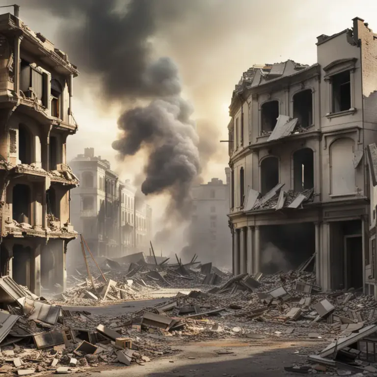 Visual representation of "be bombed out" - To be destroyed or severely damaged by bombing