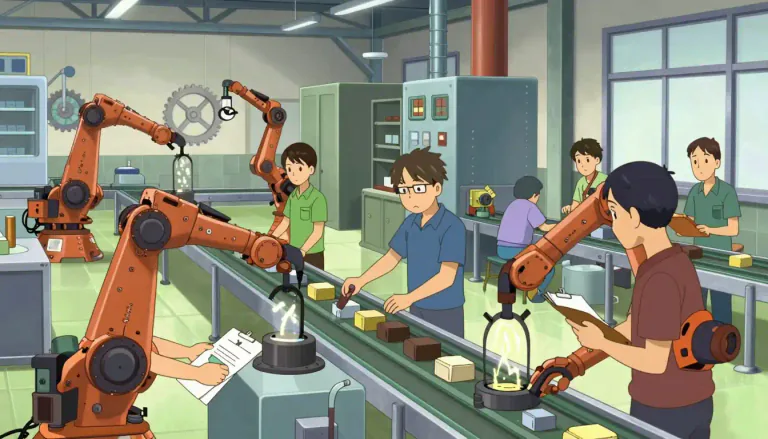 Visual representation of "mechanize" - To change a process or task to be done by machines, instead of by people
