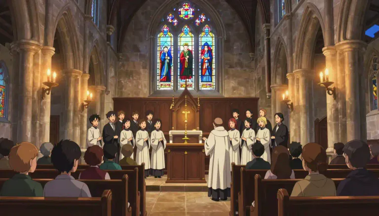 Visual representation of "evensong" - A christian church service that happens in the evening, especially in the Anglican Church.