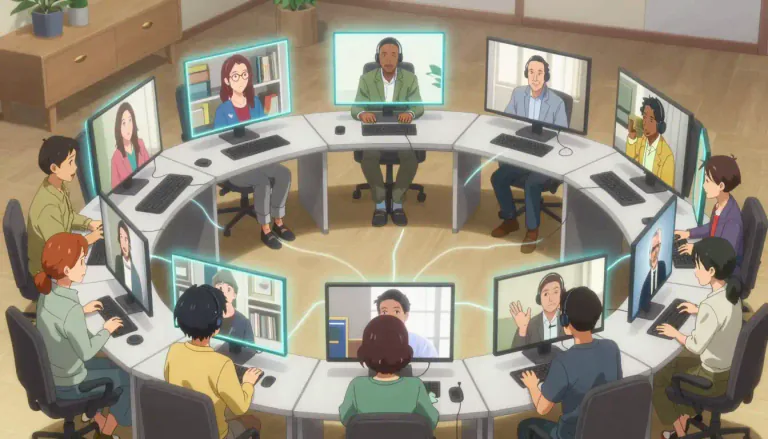 Visual representation of "conferencing" - The process of holding a conference or meeting, usually through the use of digital technology like the internet or phone lines.