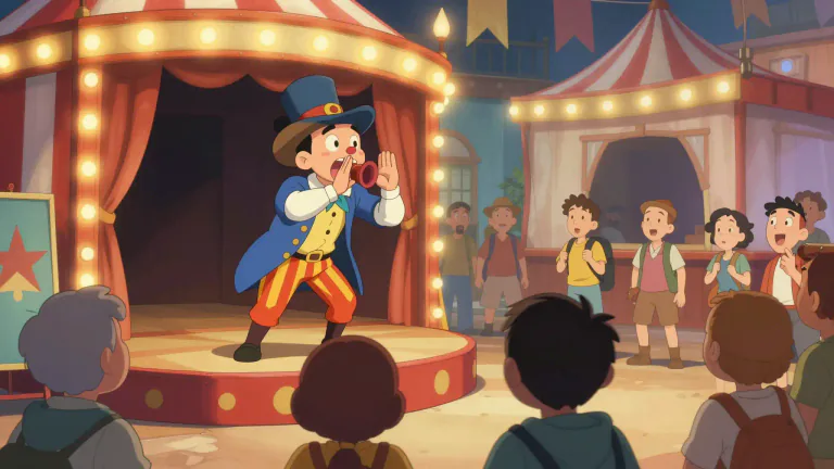 Visual representation of "barker" - A person who stands in front of a theater or circus and loudly calls out to attract people to come inside.