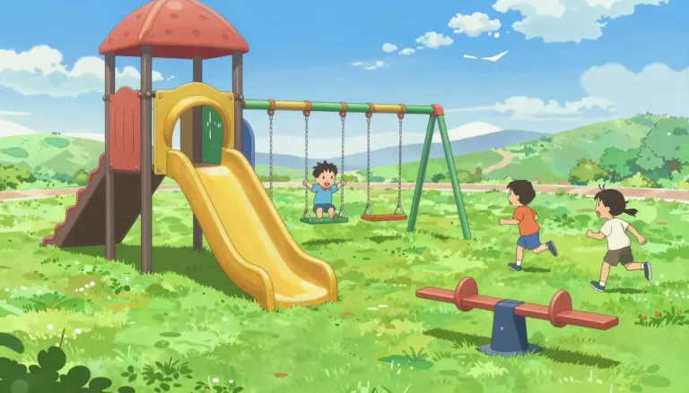Visual representation of "playground" - An outdoor area where children can play, usually filled with equipment like slides, swings, and climbing frames