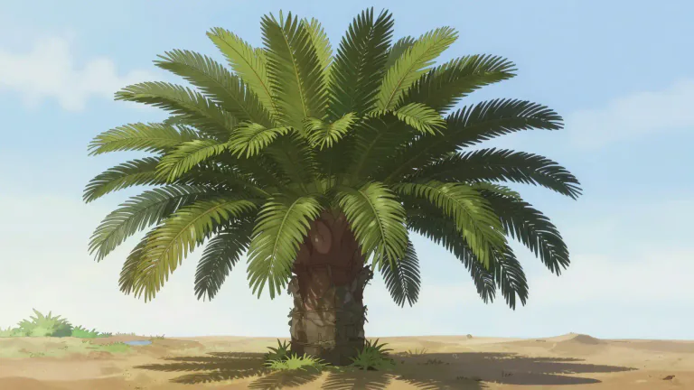 Visual representation of "cycad" - A type of ancient plant that has a thick trunk and large leaves, resembling a palm tree and belonging to the division Cycadophyta.