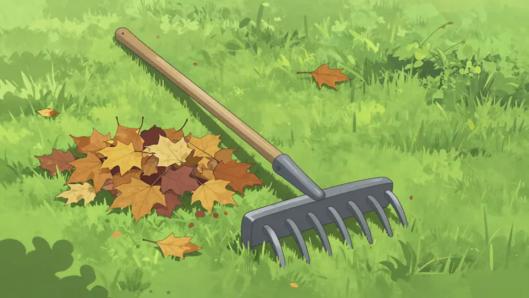 Visual representation of "rake" - A tool with a long handle and pointed metal parts used for gathering leaves or cutting grass