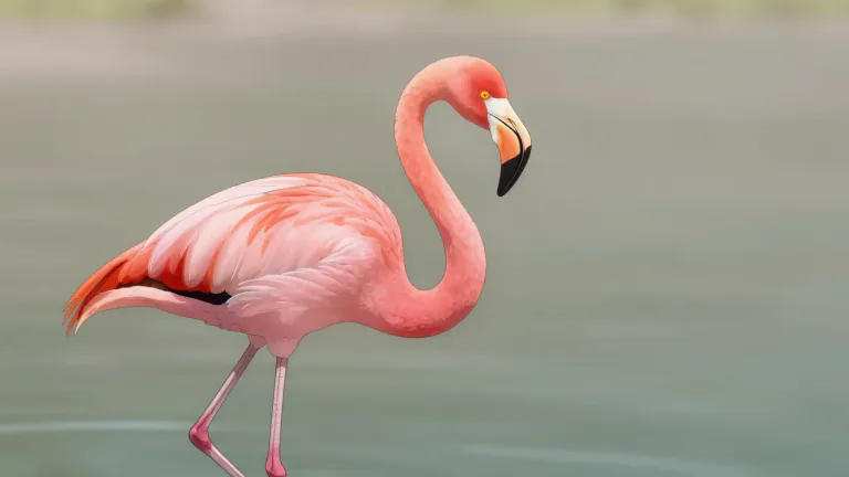 Visual representation of "flamingo" - A kind of bird with long legs and neck, pink color and a unique bent beak.