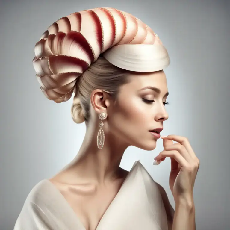 Visual representation of "conch" - A hairstyle in which the hair is swept up and fastened at the back of the head, creating a shape that resembles the spiral shell of a conch.