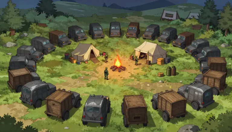 Visual representation of "laager" - A defensive camp circled by armored vehicles or wagons.