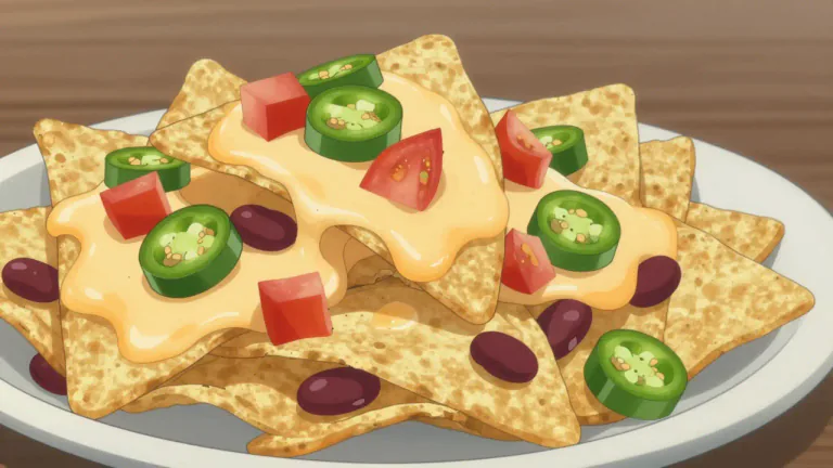 Visual representation of "nacho" - A baked tortilla chip, typically topped with cheese and other ingredients.