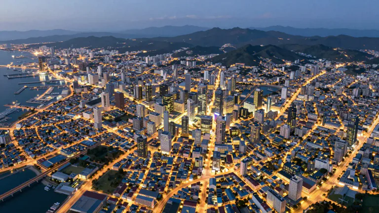 Visual representation of "megalopolis" - A very large, heavily populated urban area, often involving several cities and towns