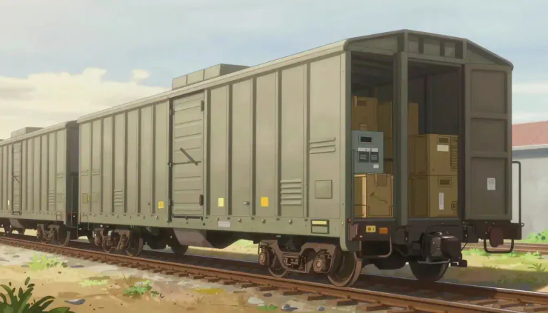 Visual representation of "boxcar" - A boxcar is a type of freight train car that is enclosed and typically used for transporting goods.