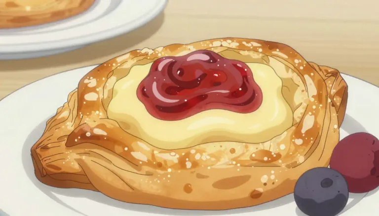 Visual representation of "danish" - A sweet pastry made from a yeast-leavened dough that is often filled with fruit, cheese, or custard.