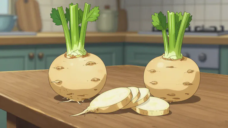 Visual representation of "celeriac" - A type of vegetable that is a variety of celery grown for its edible roots, hypocotyl, and shoots.