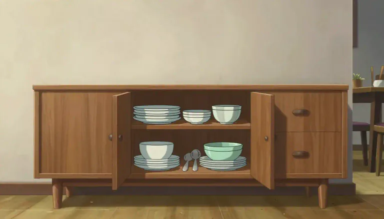 Visual representation of "sideboard" - A long, low piece of furniture in a dining room or living room, used for storing dishes or other things.