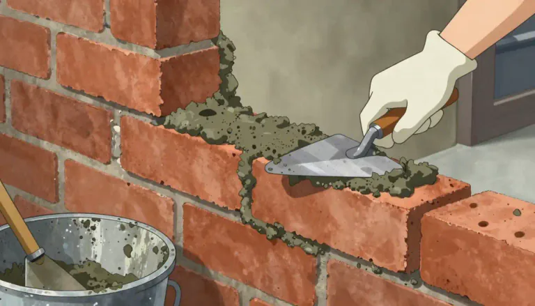 Visual representation of "mortar" - A material made of sand, water, and cement used to join bricks or stones in a building.