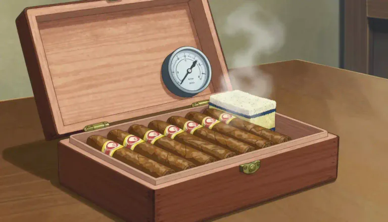 Visual representation of "humidor" - A humidor is a container or storage space that maintains a specific level of humidity for the preservation of cigars and other tobacco products.
