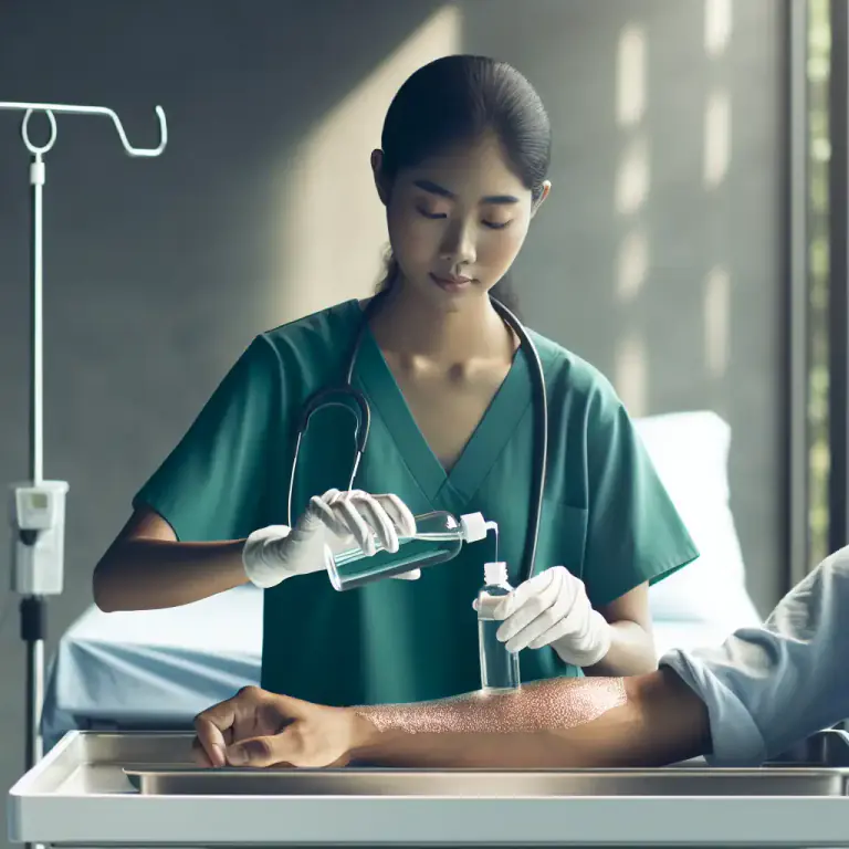 Visual representation of "irrigate" - To clean a wound or body part with a liquid, usually in a medical situation.