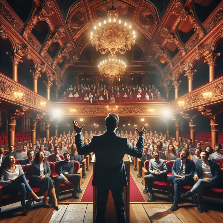 Visual representation of "declamation" - A speech given in front of a crowd, usually with a lot of passion and emotion