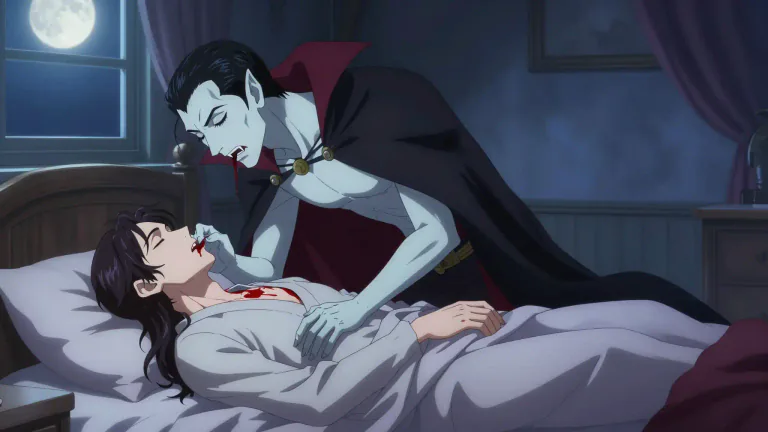 Visual representation of "vampire" - A mythical creature that sucks blood from living creatures usually while they sleep.