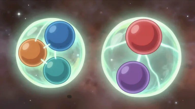 Visual representation of "baryonic" - Relating to baryons, which are subatomic particles made up of three quarks, including protons and neutrons.