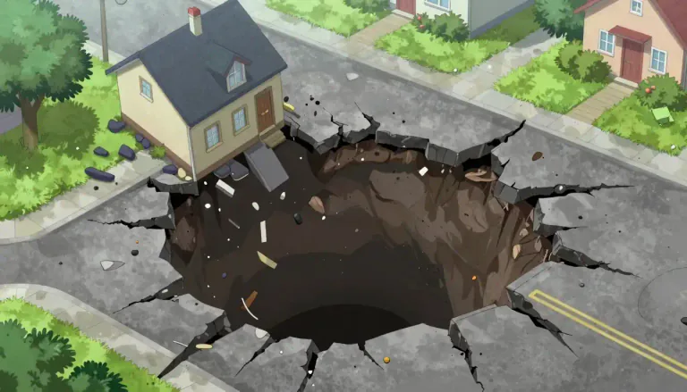 Visual representation of "sinkhole" - A large hole that suddenly opens in the ground.