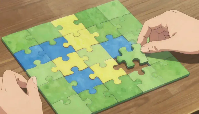 Visual representation of "jigsaw" - A puzzle consisting of small pieces that are cut irregularly and need to be put together to form a picture.
