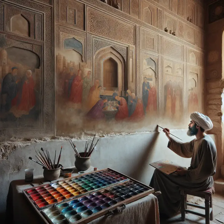 Visual representation of "fresco" - A method of painting water-based pigments on freshly applied plaster, usually on wall surfaces.
