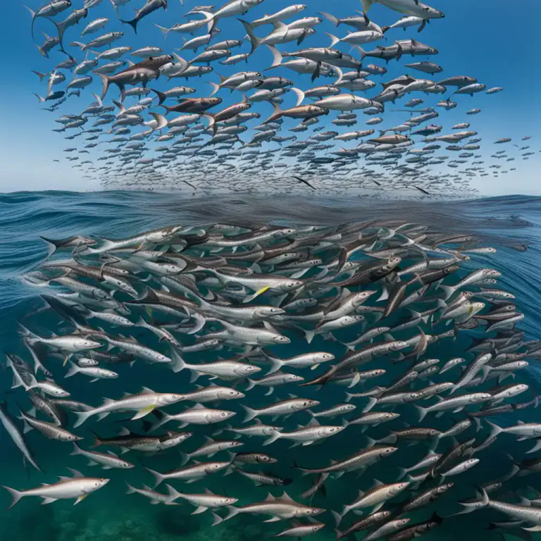 Visual representation of "shoal" - To gather in a large group.