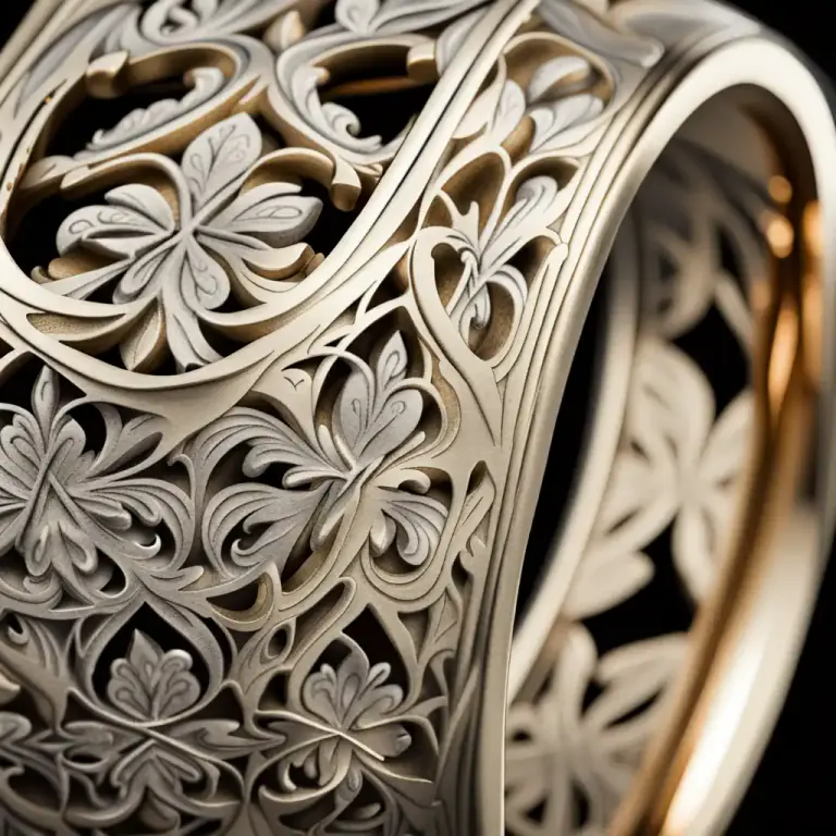 Visual representation of "florentine" - A kind of ornamentation used on jewelry or decorative objects, characterized by intricate engraving or delicate tracery