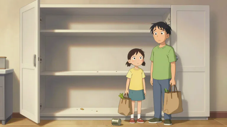 Visual representation of "the cupboard is bare" - Refers to a situation where resources or supplies have been used up and nothing is left.