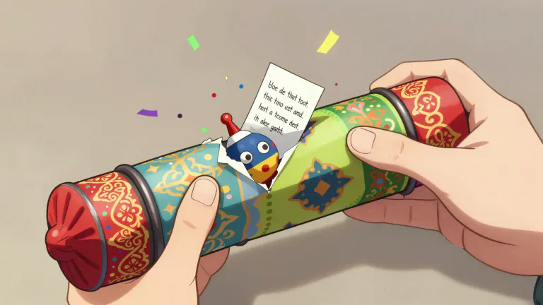 Visual representation of "cracker" - A cylindrical item wrapped in decorated paper, which makes a sharp noise when pulled apart and contains a small gift or joke.
