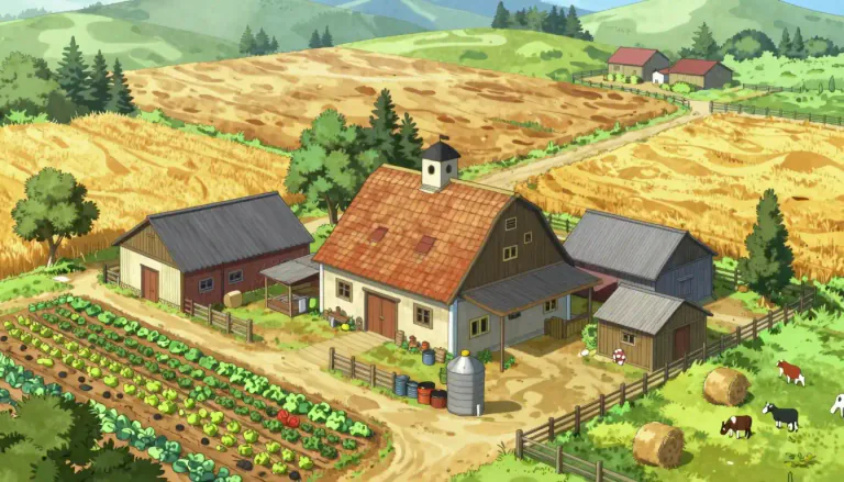 Visual representation of "farmstead" - A area of land with a farmhouse and other building used for producing food