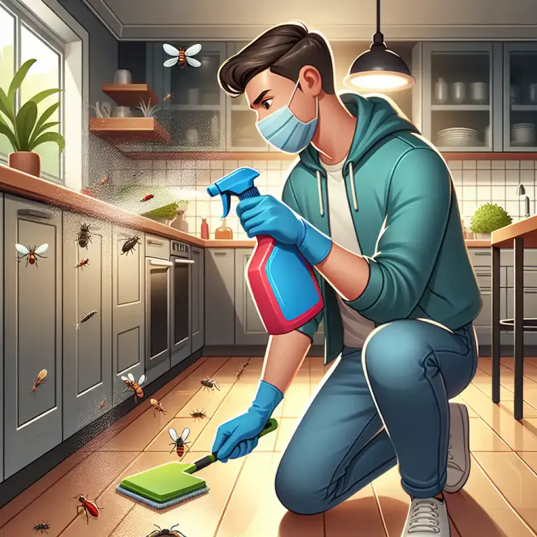 Visual representation of "debug" - To remove bugs or insects from a place.