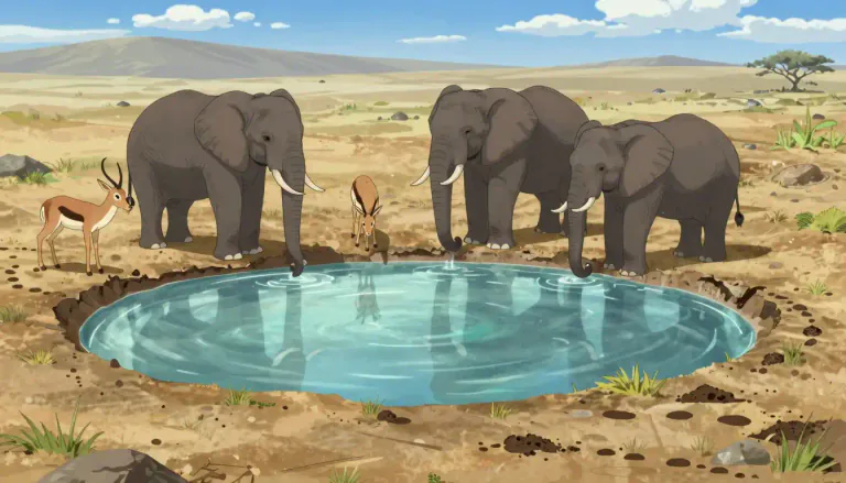 Visual representation of "waterhole" - A natural or artificial depression in the ground that fills with water, often used by animals and people as a source of drinking water.