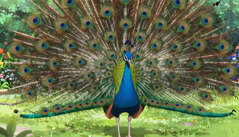 Visual representation of "peafowl" - A large bird from the pheasant family, the males are known for their iridescent blue-green plumage and large tail feathers.