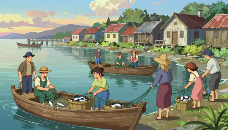 Visual representation of "fisherfolk" - People engaged in fishing, typically referring to a community or group rather than individuals.