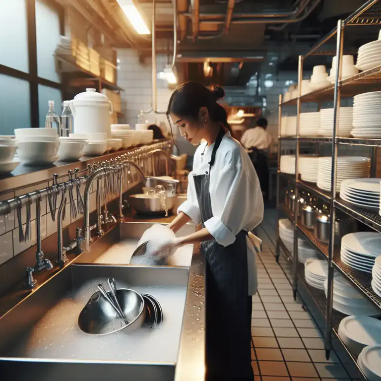 Visual representation of "dishwasher" - A person whose job is to wash dishes in a restaurant or other place where food is served