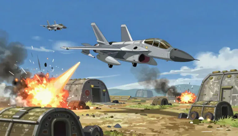 Visual representation of "airstrike" - An airstrike is a military attack carried out by aircraft, targeting ground-based enemies or installations.