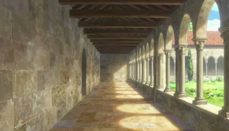 Visual representation of "cloister" - A covered walk in a convent, monastery, college, or cathedral, typically with a wall on one side and a colonnade open to a courtyard on the other.