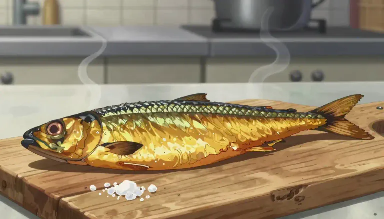 Visual representation of "kipper" - A type of fish, usually a herring, that has been preserved by being split, salted and smoked.