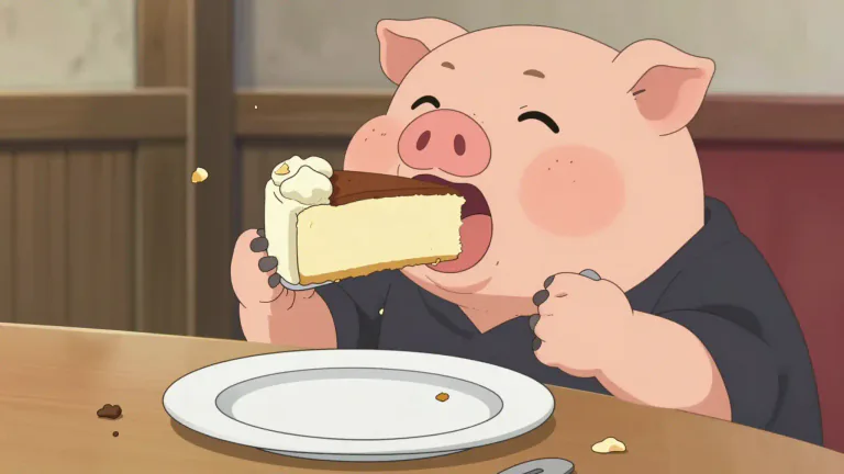 Visual representation of "oink" - To eat greedily or excessively, similar to how pigs often eat.