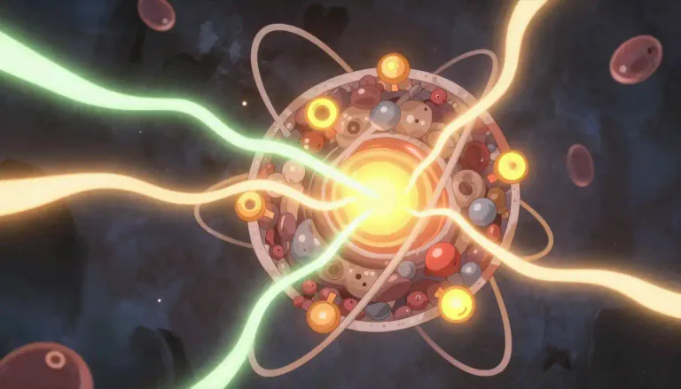 Visual representation of "gluons" - Gluons are particles that carry the strong nuclear force, which holds protons and neutrons together in the nucleus of an atom.
