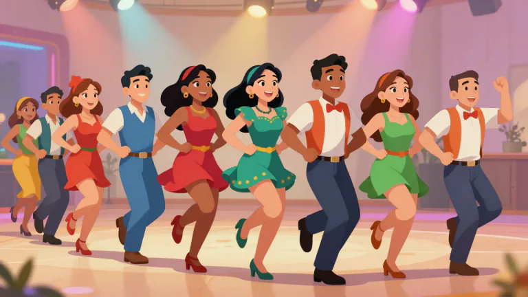 Visual representation of "conga" - A Latin American dance in a straight line, where people hold the waist of the person in front and step forward in the same foot pattern.